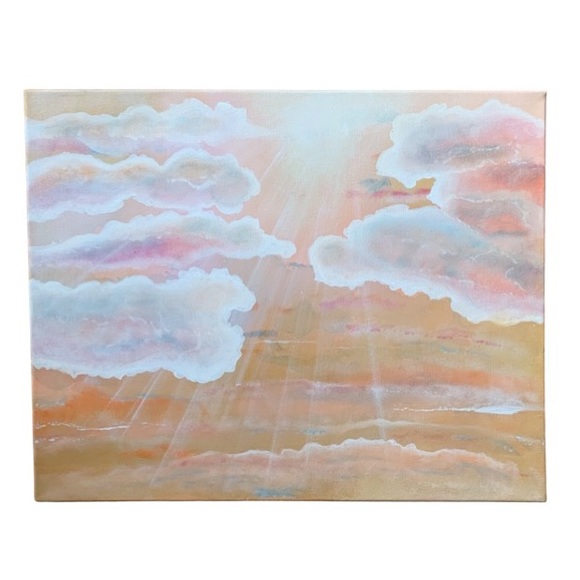 Original Artwork Clouds Canvas Painting Pink Peach Blue 16 x 20 Acrylic - Picture 2 of 16